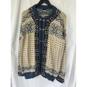VTG 90s Dale of Norway Snowday Cardigan Sweater Wool Ski Fair Isle Blue Clasps